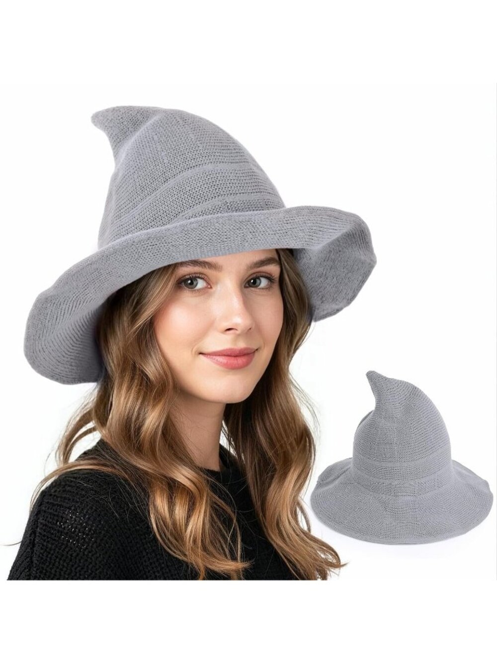 🎃Women's Grey Halloween Knit Witch Hat Chapeau Sorcière Femme Cosplay Costume